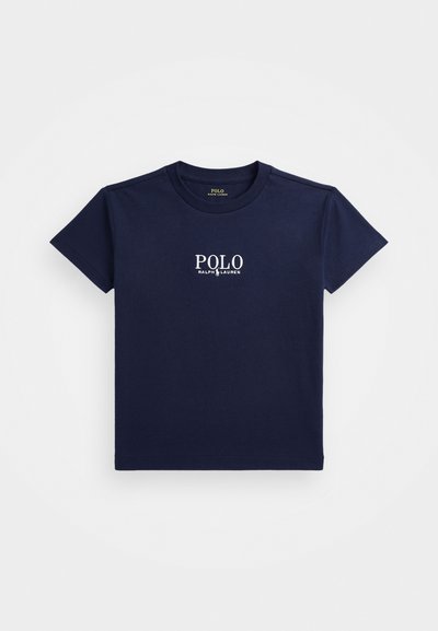Marineblå bomulls t-skjorte med korte ermer, rund hals og en hvit brodert "POLO RALPH LAUREN" logo på forsiden.