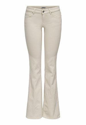 Beige dame jeans med vide ben, med knapp og glidelås foran, fremre lommer og merkeetikett på linningen.