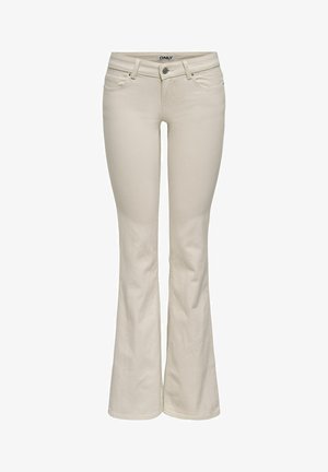 Bež ženske traperice trapez s kopčom na gumbu i zatvaračem sprijeda, prednjim džepovima i oznakom marke na pojasu.