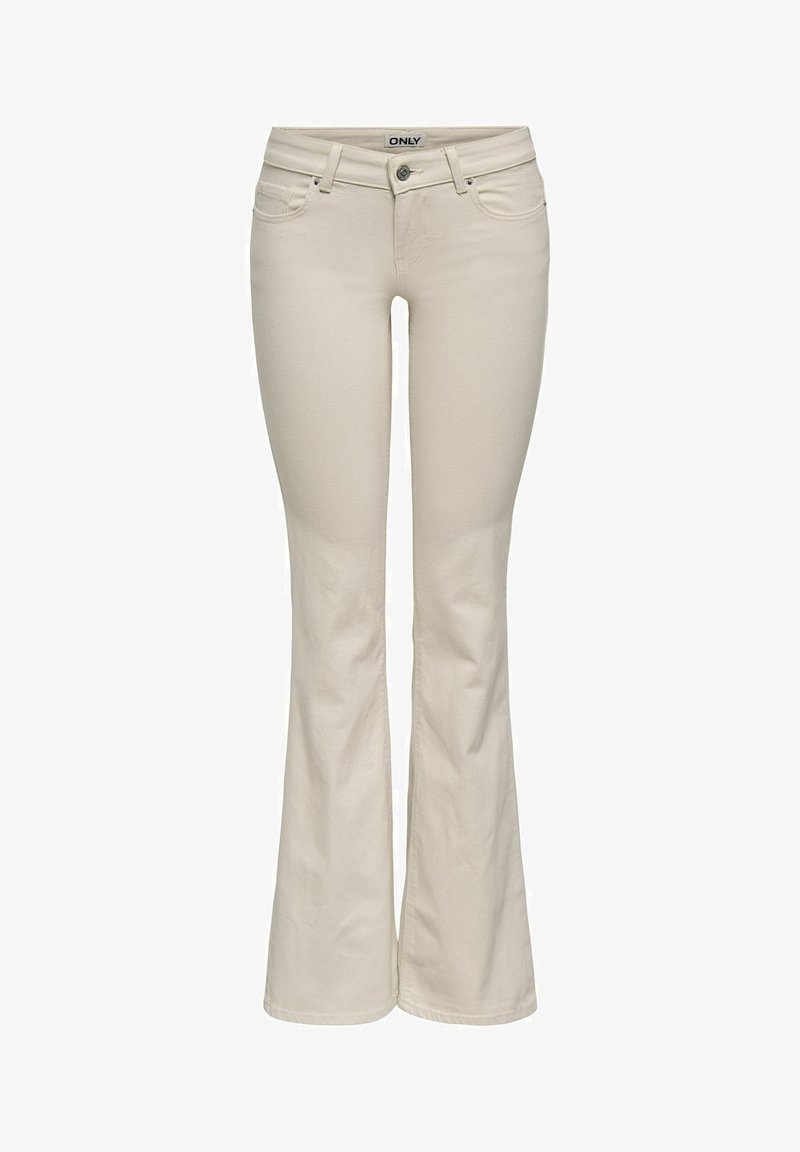 Jean flare beige pour femmes avec fermeture devant par bouton et zip, poches avant et étiquette de marque sur la ceinture.