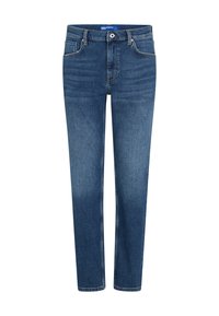 Jeans din denim albastru cu o croială dreaptă, design clasic cu cinci buzunare și fermoar. Prezintă o nuanță deschisă și ușoare estompari.