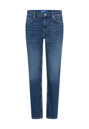 Blå denim jeans med lige pasform, klassisk fem-lomme design og lynlås. Har en lys vask og subtil falmning.
