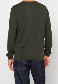 Mann in einem dunkelgrünen Langarmpullover und dunkelblauen Jeans, von hinten vor einem schlichten weißen Hintergrund gezeigt.