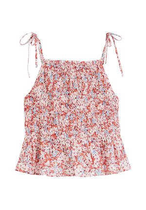 Floral bedrucktes Camisole mit gerafftem Oberteil, verstellbaren Bindeträgern und ausgestelltem Saum; überwiegend rot mit blauen und rosa Akzenten.