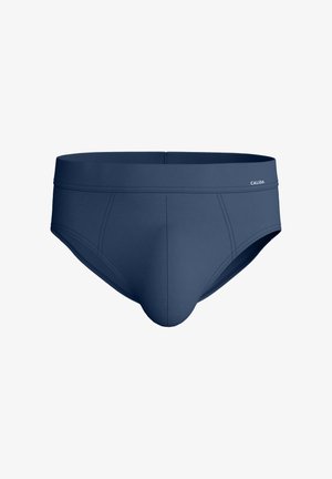 Caleçon pour homme bleu marine en tissu lisse et élastique avec une poche structurée et des coutures minimales ; présente un marquage discret sur la ceinture.