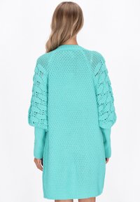 Nainen, jolla on päällään turquoise-värinen neulottu pitkä kardigan, joka on varustettu teksturoiduilla, pallomaisilla hihoilla, kääntyy poispäin yksinkertaista valkoista taustaa vasten.