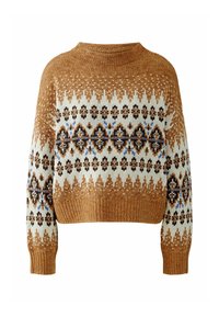 Gehaakte trui met een ronde hals, met een bruin, wit en blauw geometrisch patroon, en geribbelde manchetten en zoom.