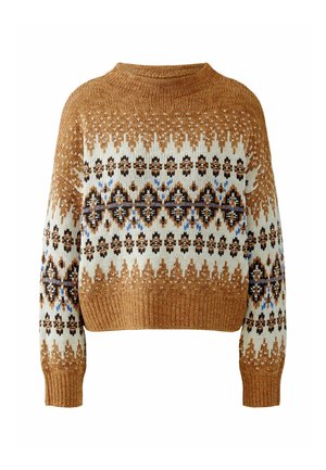 Gehaakte trui met een ronde hals, met een bruin, wit en blauw geometrisch patroon, en geribbelde manchetten en zoom.