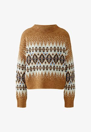 Crochet-style sweater with a round neckline, featuring a brown, white, and blue geometric pattern, and ribbed cuffs and hem.