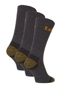 Chaussettes grises avec texture côtelée, logo de chat jaune, talon et pointe renforcés, et accents sombres à motifs. Vendu en pack de trois.