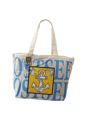 Sac fourre-tout beige avec un grand texte bleu, présentant un carré jaune avec une ancre blanche et deux oiseaux en vol au centre.