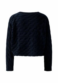 Marineblauer, kurz geschnittener Pullover mit strukturiertem Wellenmuster, langen Ärmeln und Rundhalsausschnitt. Hergestellt aus einem gestrickten Stoff für Wärme.