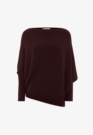Bordeauxfarbener Oversized-Pullover mit einem Boot-Ausschnitt. Die weiche Textur, der asymmetrische Saum und das drapierte Design schaffen eine lässige Silhouette.