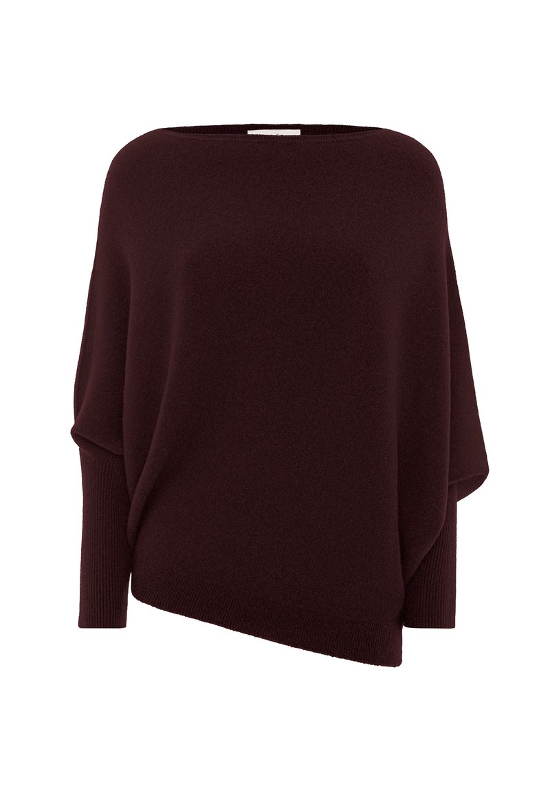 Burgundy oversized sweater with a boat neckline. Soft texture, asymmetrical hem, and draped design create a relaxed silhouette.
