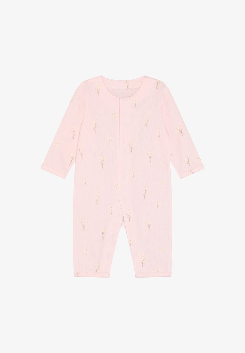 Hellrosa Baby-Strampler mit langen Ärmeln, kleinem gelb-braunem Blumenmuster, gerippter Textur und Reißverschluss vorne.