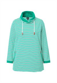 Maglione a righe con collo funnel, righe verdi e bianche, tasche laterali e cordini regolabili con accenti color noce. Materiale in misto cotone.
