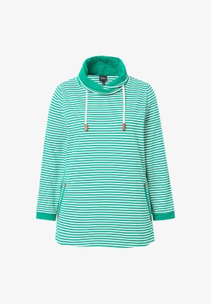 Maglione a righe con collo funnel, righe verdi e bianche, tasche laterali e cordini regolabili con accenti color noce. Materiale in misto cotone.