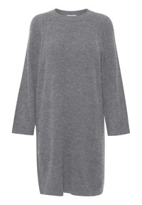 Rochie din tricot gri, cu mâneci lungi, guler rotund, croi ușor lejer și tiv drept. Textură moale, design minimalist și fără modele.