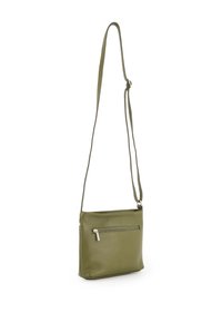 Olivengrünes Leder-Crossbody-Tasche mit strukturiertem Finish, verstellbarem Riemen und einer Fronttasche mit Reißverschluss. Glatte, einfache rechteckige Form.