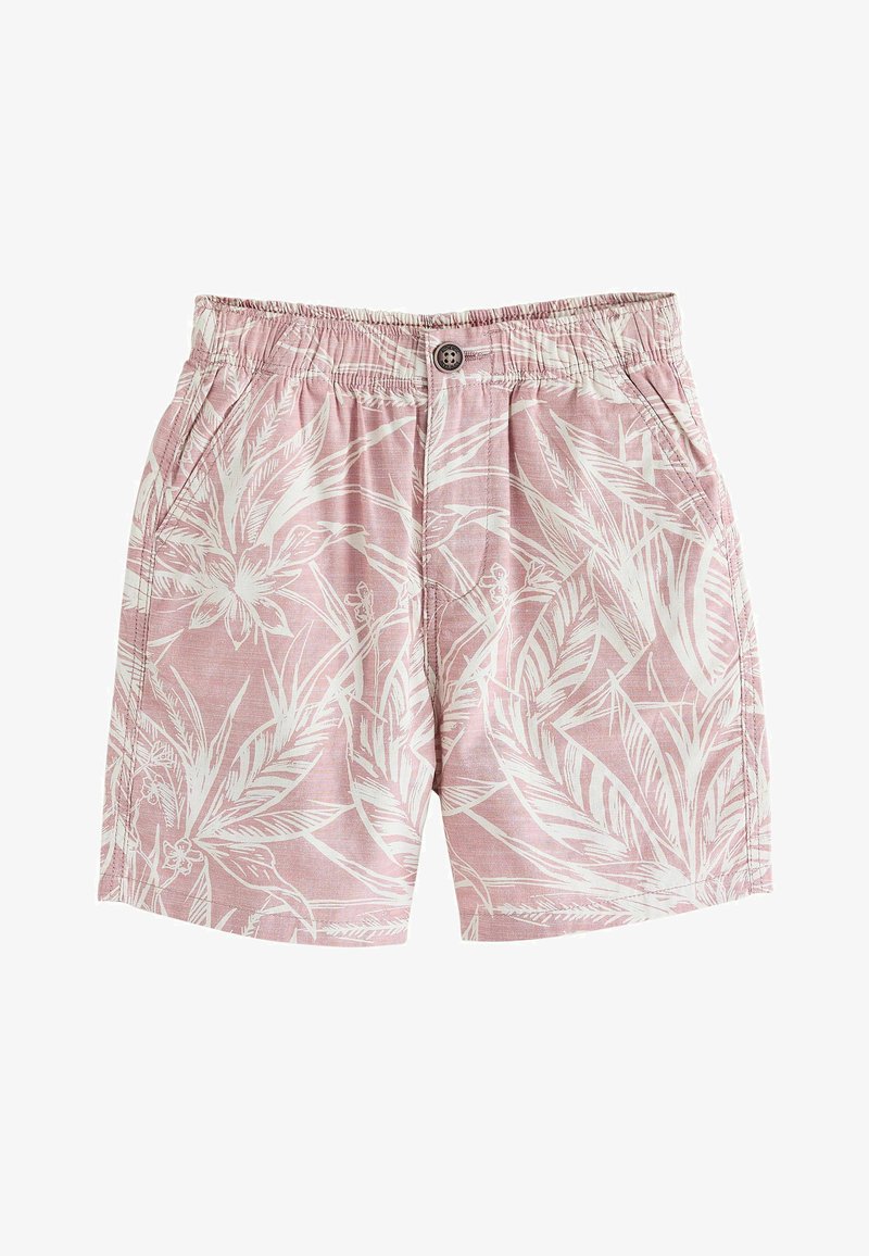 Shorts en coton rose avec imprimé feuilles et fleurs tropicales blanches, taille élastique, fermeture par bouton, et poches latérales avant.