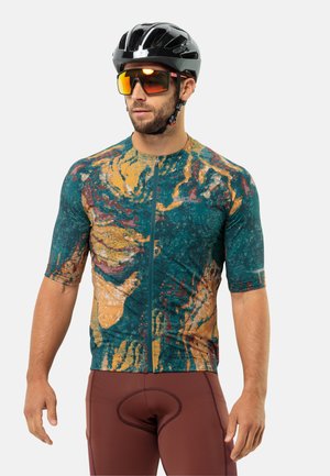 Kortekleed fietsshirt met een multikleurig abstract patroon in teal, oranje en bordeauxrood, voorzien van een rits aan de voorkant en een nauwsluitende pasvorm.