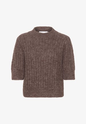 Smeđi rebrasti pleteni pulover s kratkim rukavima, visokim ovratnikom i mekanom teksturom. Ima opušteni kroj i suptilni sjaj u materijalu.