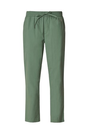 Pantaloni verdi, leggeri, con vita elastica e cordino. Presentano una trama liscia e un design a gamba dritta. Inclusi taschini laterali.