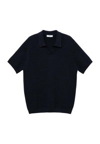 Polo en maille noire à manches courtes avec motif texturé, col en V et poignets et ourlet côtelés.