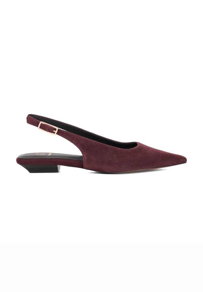 Burgundy suede slingback shoes with a pointed toe, low block heel, and an adjustable ankle strap for secure fit.