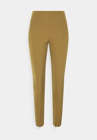 Hnědé kalhoty na míru s úzkým střihem, s hladkou texturou, dvěma předními kapsami a zapínáním na zip na kotnících.