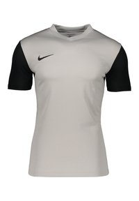 Maglietta atletica a maniche corte grigia e nera, realizzata in tessuto testurizzato, con scollo a V e un piccolo logo Nike sul petto.