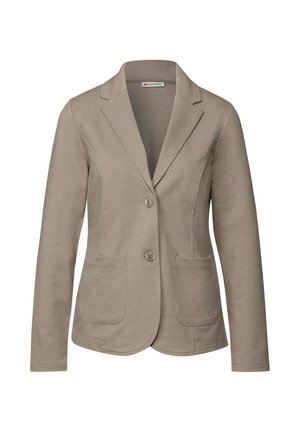 Ljusbeige blazer tillverkad av mjukt tyg med en skräddarsydd design, med slagkrage, två framfickor och två knappar.