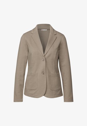 Jasno beżowa marynarka wykonana z miękkiego materiału o dopasowanym kroju, z klapami w serek, dwiema przednimi kieszeniami i dwoma guzikami.