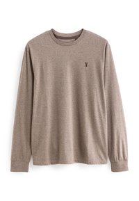 Langärmliges, tannfarbenes T-Shirt aus weichem Stoff, mit Rundhalsausschnitt und kleinem gesticktem Logo auf der linken Brust.
