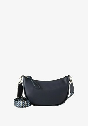 Tamsiai mėlyna odinė per petį nešiojama rankinė su apvalia forma, užsegimu užtrauktuku ir raštuota audinio juosta mėlynos ir juodos spalvų tonais. Sidabriniai detalės.