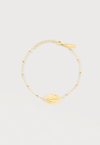 Λεπτό βραχιόλι από χρυσή αλυσίδα με μικρές χάντρες και οβάλ μενταγιόν που απεικονίζει χαραγμένα χείλη, περιτριγυρισμένα από μικρούς κρυστάλλους.