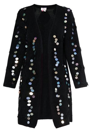 Fekete texturált kardigán nyitott elülső résszel, amelynek ujjakon és az elülső részen függőleges vonalakban elhelyezett, sokszínű flitterek díszítik.