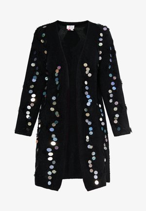 Schwarze strukturierte Strickjacke mit offenem Frontbereich, die mehrfarbige Pailletten zeigt, die in vertikalen Linien entlang der Ärmel und der Vorderseite angeordnet sind.