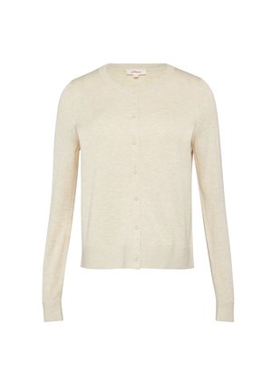 Beige cardigan made of soft knit fabric, featuring a round neckline, long sleeves, and a button-down front with small matching buttons.