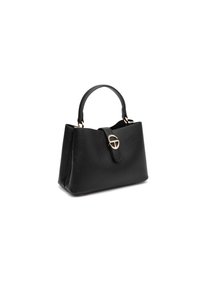 Sac à main en cuir noir avec un design structuré, doté d'une poignée supérieure et de quincaillerie dorée, y compris un accent en boucle sur le devant.