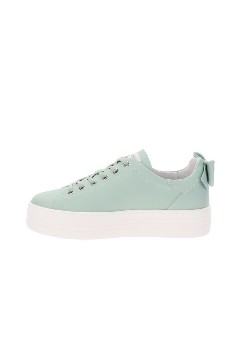 Mint green sneaker with a smooth synthetic upper, featuring silver eyelets, a white platform sole, and a bow accent on the heel.