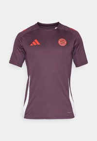 FC Bayern Münchens tröja med korta ärmar, mörklila tyg, röda detaljer och vita sidpaneler. Har lagets logotyp och varumärkeslogotyp.