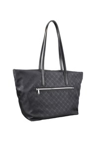 Sac fourre-tout en nylon noir avec un motif texturé, doté de deux bretelles d'épaule et d'une poche avant zippée. Finition lisse et design structuré.