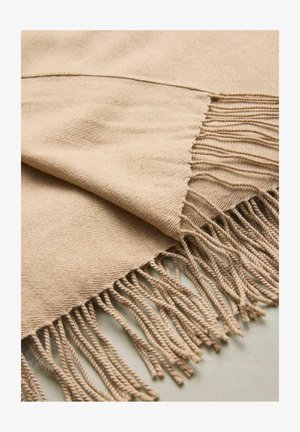 Beige sjaal van zacht materiaal, met een gladde textuur, nette randen en decoratieve franjes aan één uiteinde voor extra detail.