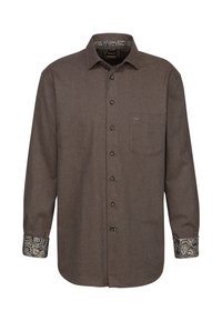 Camicia marrone a maniche lunghe con bottoni neri, tasca e polsini a fantasia. Tessuto morbido con una finitura texturizzata.