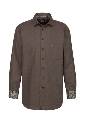 Braunes Langarmhemd mit schwarzen Knöpfen, Tasche und gemusterten Manschetten. Weiches Material mit texturiertem Finish.