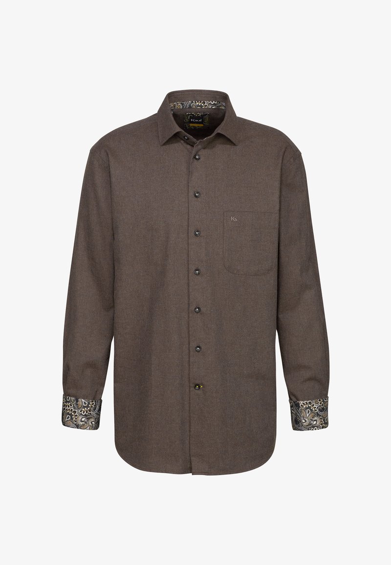 Camicia marrone a maniche lunghe con bottoni neri, tasca e polsini a fantasia. Tessuto morbido con una finitura texturizzata.