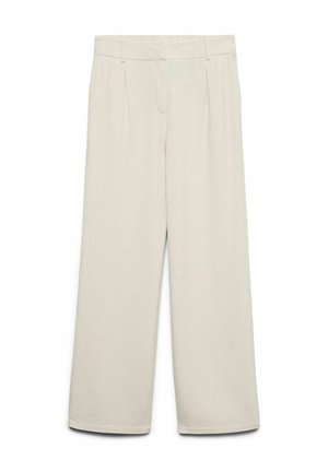 Pantalon beige à jambes larges avec plis, passants pour ceinture, braguette zippée et fermeture bouton, présenté sur fond blanc.