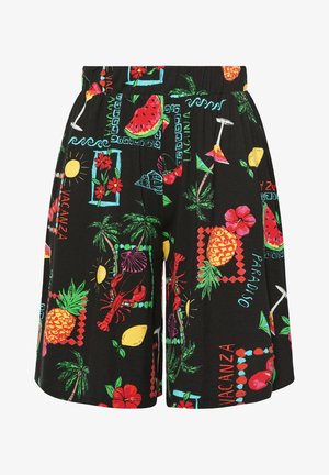 Schwarze Shorts mit bunten tropischen Prints, darunter Ananas, Wassermelonen, Hummer, Palmen, Blumen, Cocktailgläser und Schriftzüge wie "VACANZA" und "PARADISO".