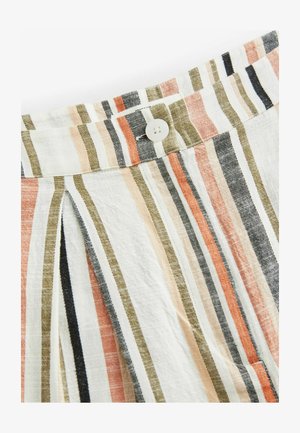 Gestreifter Stoff mit vertikalen Linien in den Farben Weiß, Pink, Olive und Schwarz; beinhaltet einen weißen Knopf und Faltendetails.